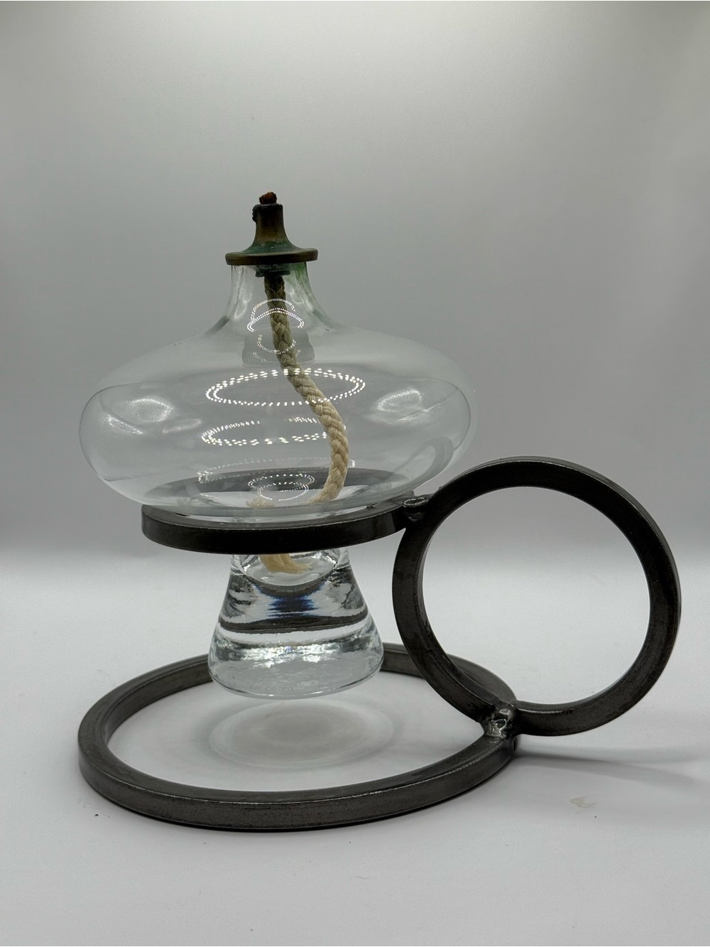 Glass Oil Lamp with Metal Ring Stand